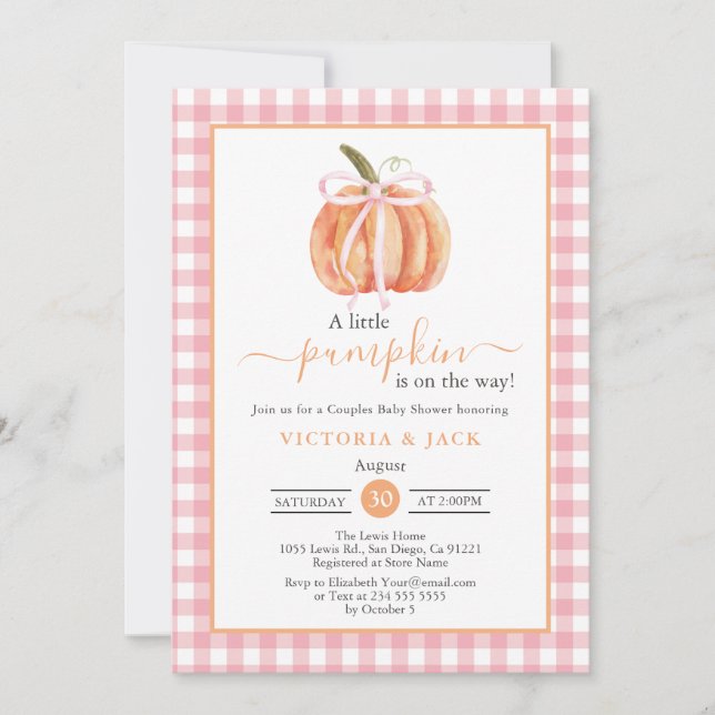 Little Pumpkin Pink Gingham Fall Baby Shower Invitation (Front)