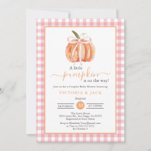 Little Pumpkin Pink Gingham Fall Baby Shower Invitation