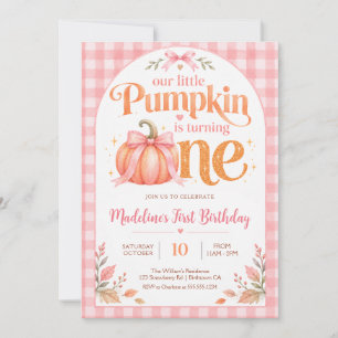  Little Pumpkin Pink Gingham Girl Birthday Invitation