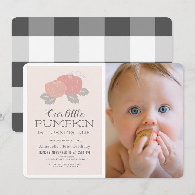 Little Pumpkin Pink Gingham Photo 1st Birthday Invitation (Front/Back)