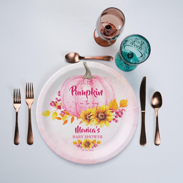 Little pumpkin pink girl baby shower paper plate (Little pumpkin baby shower personalized plates pink pumpkin sunflowers girls baby shower tableware)