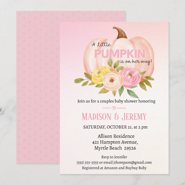 Little Pumpkin Pink Girls Baby Shower Invitation (Front/Back)
