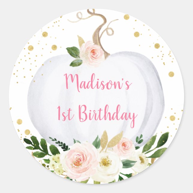 Little Pumpkin Pink Gold Birthday Classic Round Sticker (Front)