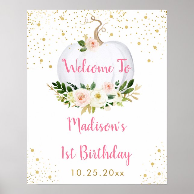 Little Pumpkin Pink Gold Birthday Welcome Poster (Front)