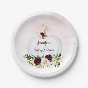 Little Pumpkin Pink Gold Burgundy Baby Shower Paper Plate
