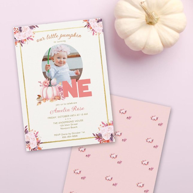 Little Pumpkin Pink Gold Fall Leaves 1st Birthday Invitation (our little pumpkin is turning one girl birthday party photo invitation elegant floral gold frame )