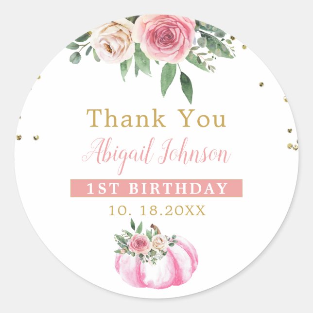 Little Pumpkin Pink Gold Floral 1st Birthday Favou Classic Round Sticker (Front)
