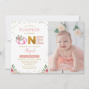 Little Pumpkin Pink Gold Floral 1st Birthday Photo Invitation