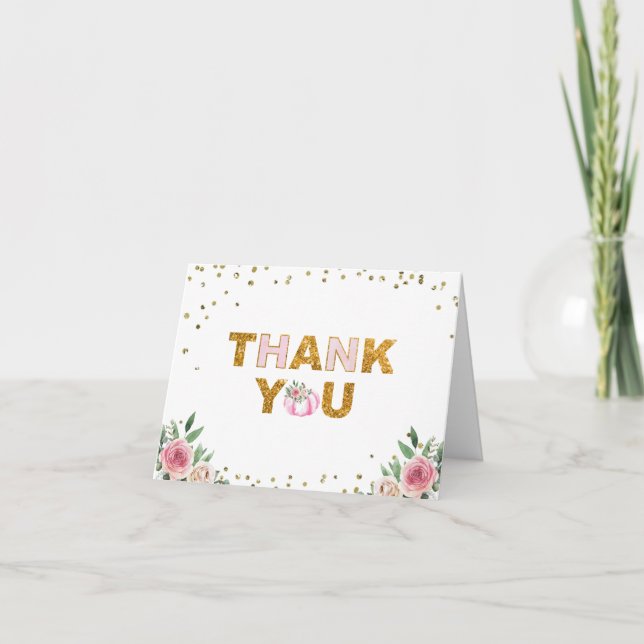 Little Pumpkin Pink Gold Floral 1st Birthday Photo Thank You Card (Front)