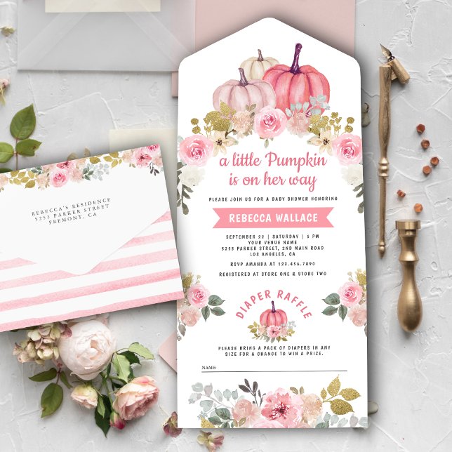Little Pumpkin Pink Gold Floral Baby Shower All In One Invitation (Creator Uploaded)