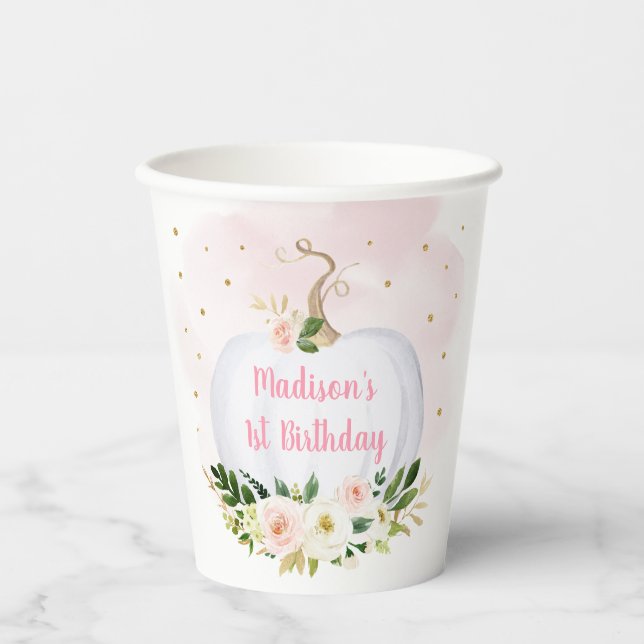 Little Pumpkin Pink Gold Floral Birthday Paper Cups (Front)