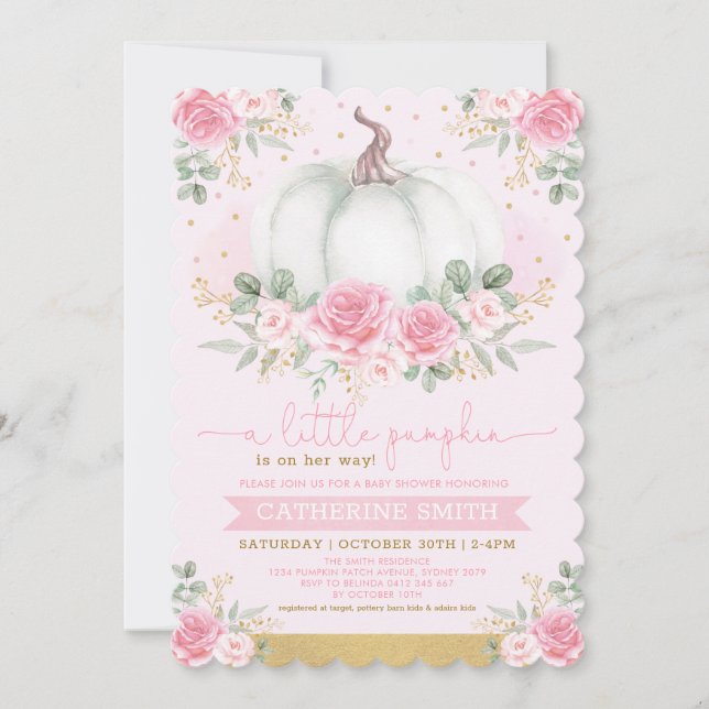 Little Pumpkin Pink Gold Floral Fall Baby Shower Invitation (Front)