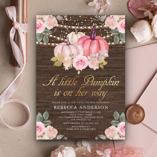 Little Pumpkin Pink Gold Floral Wood Baby Shower Invitation (Creator Uploaded)