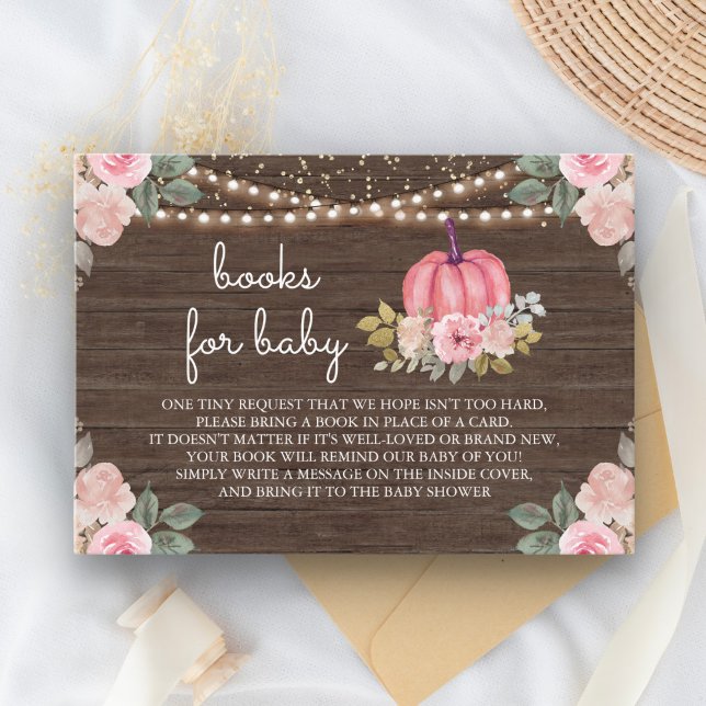 Little Pumpkin Pink Gold Floral Wood Book Request Enclosure Card (Creator Uploaded)