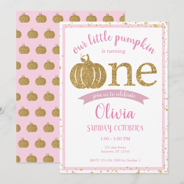 Little Pumpkin Pink Gold Glitter First Birthday Invitation (Front/Back)