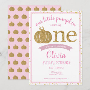 Little Pumpkin Pink Gold Glitter First Birthday Invitation