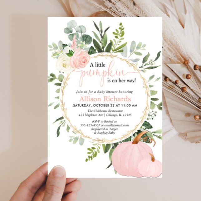 Little pumpkin pink greenery girl baby shower invitation (Creator Uploaded)