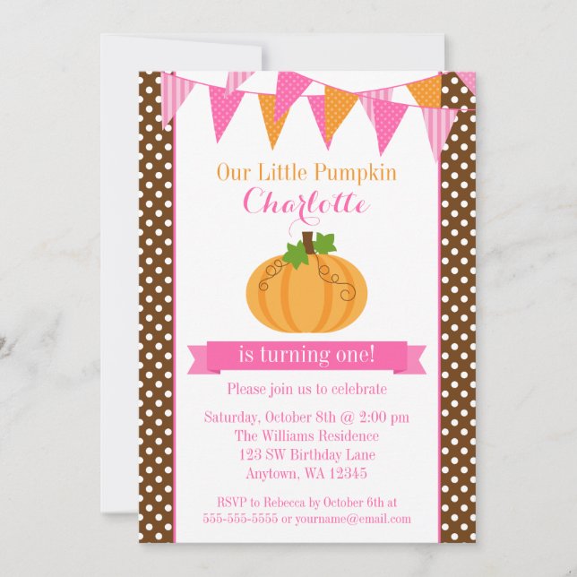 Little Pumpkin Pink Orange Bunting Girl Birthday Invitation (Front)