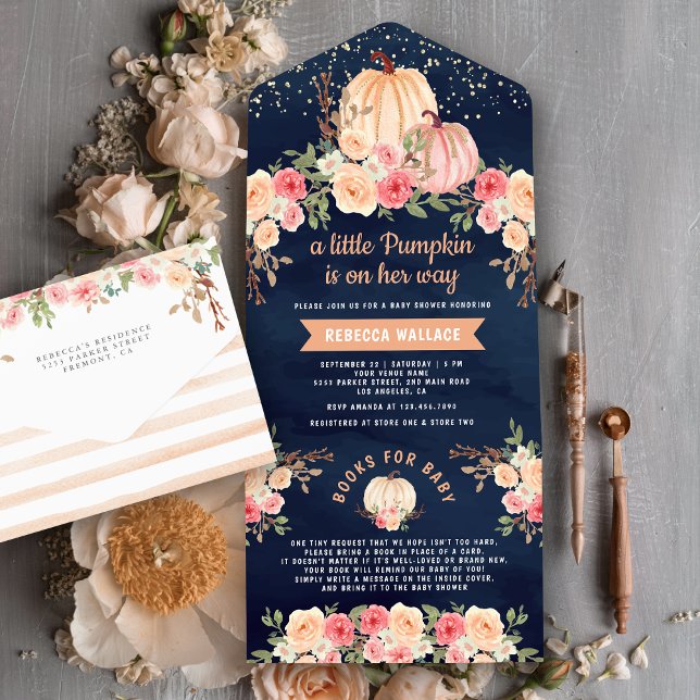 Little Pumpkin Pink Peach Floral Navy Baby Shower All In One Invitation (Creator Uploaded)