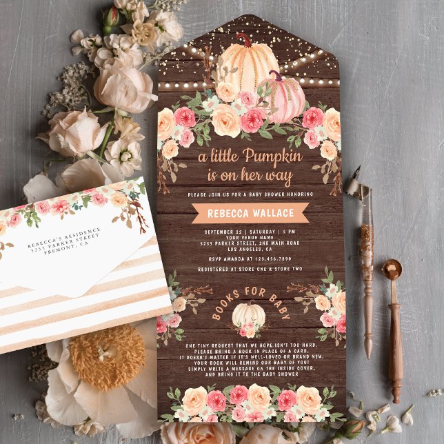 Little Pumpkin Pink Peach Floral Wood Baby Shower All In One Invitation (Creator Uploaded)