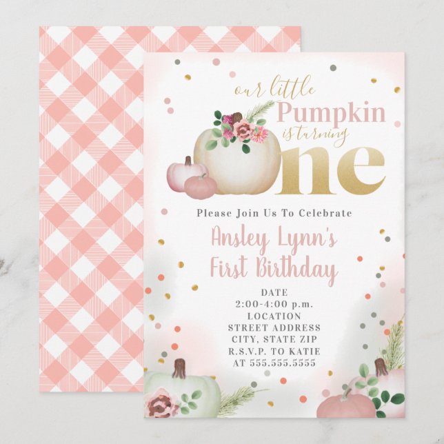 Little Pumpkin Pink Plaid First Birthday Invitation (Front/Back)