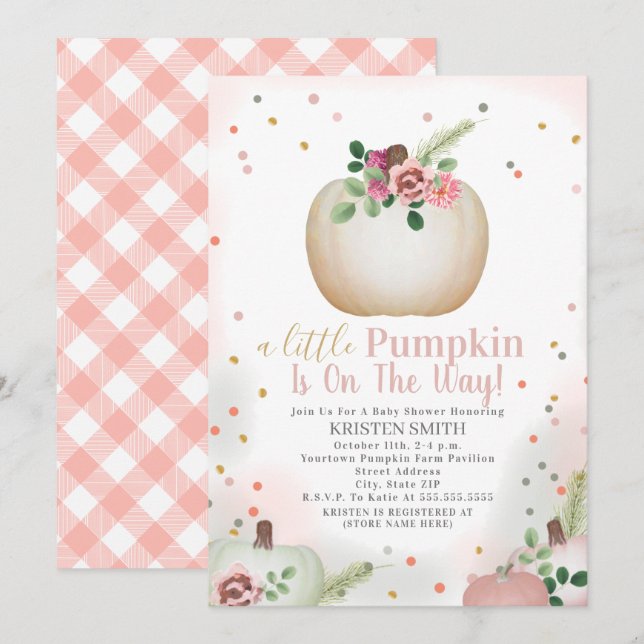 Little Pumpkin Pink Plaid Girl Baby Shower Invitation (Front/Back)