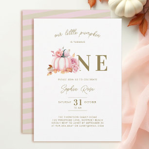 Little Pumpkin Pink Roses Watercolor 1st Birthday Invitation