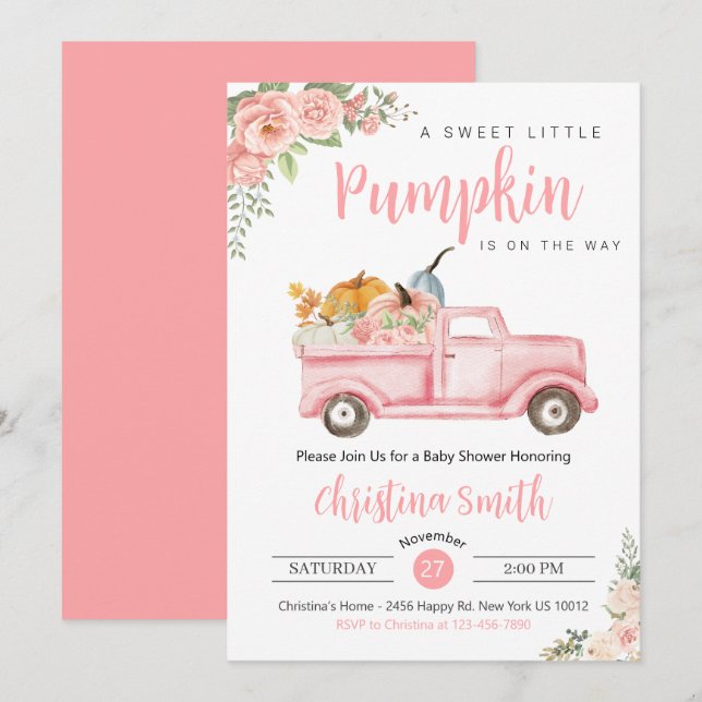 Little Pumpkin Pink Rustic Truck Baby Girl Shower Invitation (Front/Back)