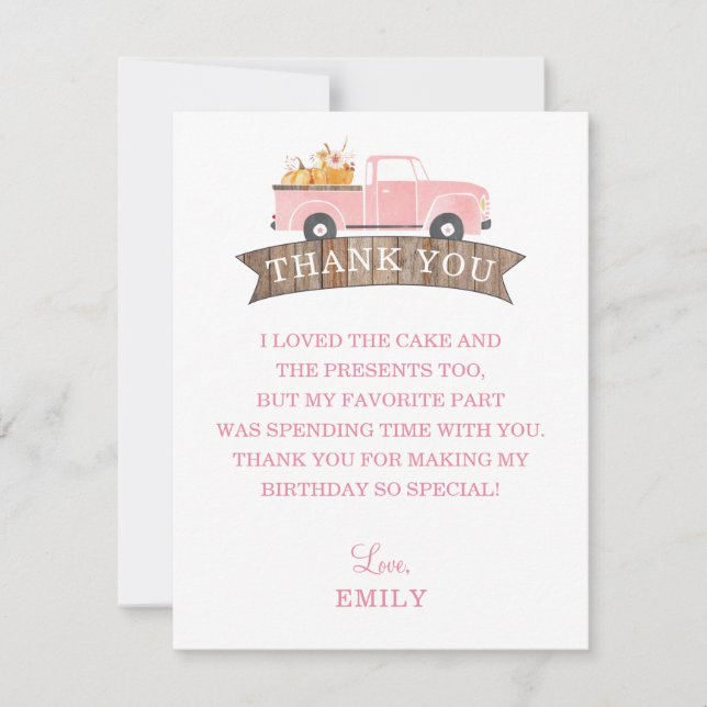 Little Pumpkin Pink Truck 1st Birthday Party Thank You Card (Front)