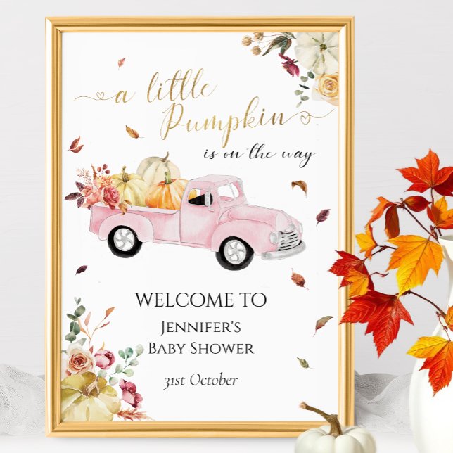 Little Pumpkin Pink Truck Baby Shower Welcome Sign (Creator Uploaded)