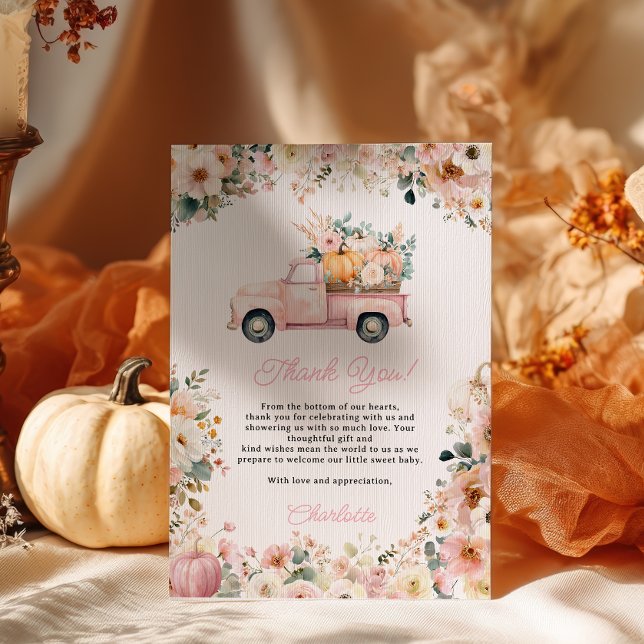 Little Pumpkin Pink Truck Fall Floral Baby Shower Thank You Card (Little Pumpkin Pink Truck Fall Floral Baby Shower Thank You Card)