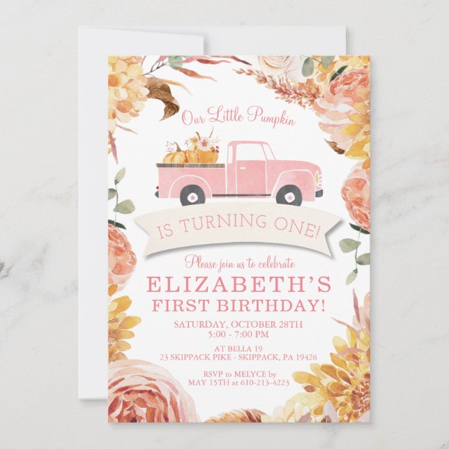 Little PUMPKIN PINK Truck GIRL 1st Birthday Party  Invitation (Front)