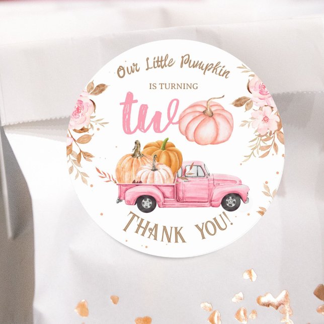Little Pumpkin Pink Truck Girl Fall 2nd Birthday Classic Round Sticker (Creator Uploaded)