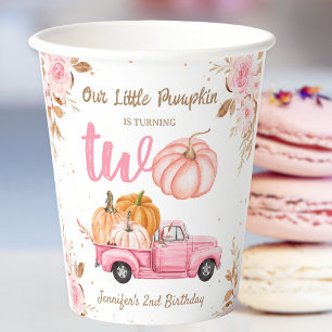 Little Pumpkin Pink Truck Girl Fall 2nd Birthday Paper Cups