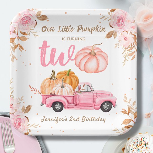 Little Pumpkin Pink Truck Girl Fall 2nd Birthday Paper Plate (Creator Uploaded)