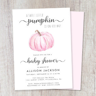 Little Pumpkin Pink Watercolor Baby Girl Shower Invitation