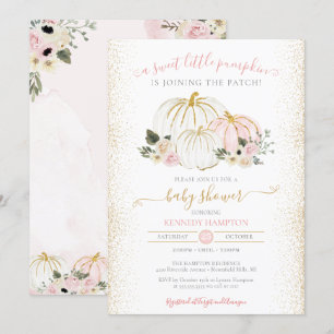 Little Pumpkin Pink White Gold Girl Baby Shower Invitation