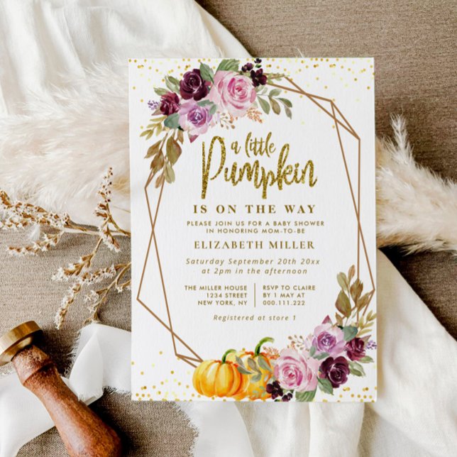 little pumpkin purple floral baby shower invitation (Creator Uploaded)
