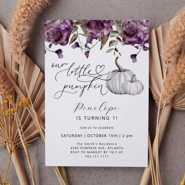 Little Pumpkin Purple Floral Birthday Invitation (Creator Uploaded)