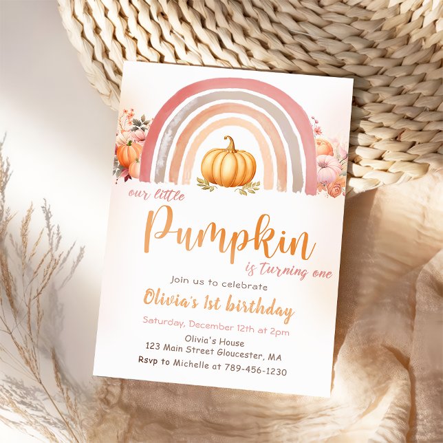 Little Pumpkin Rainbow Fall 1st Birthday  Invitation (Creator Uploaded)