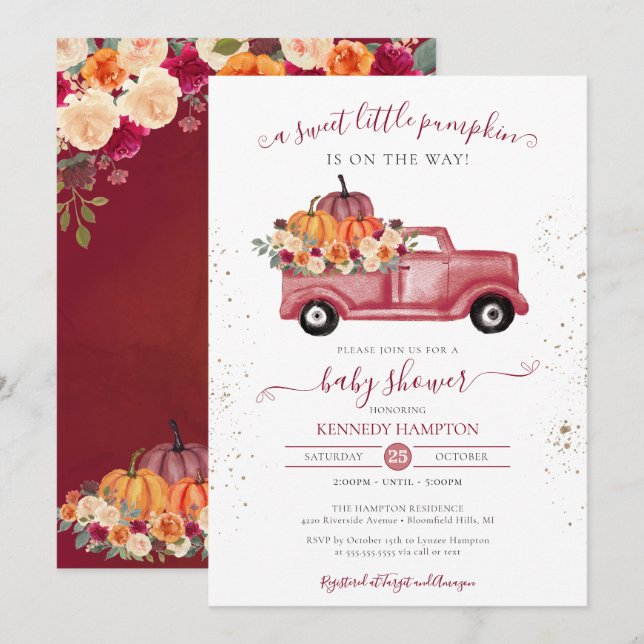 Little Pumpkin Red Fall Pickup Truck Baby Shower Invitation (Front/Back)