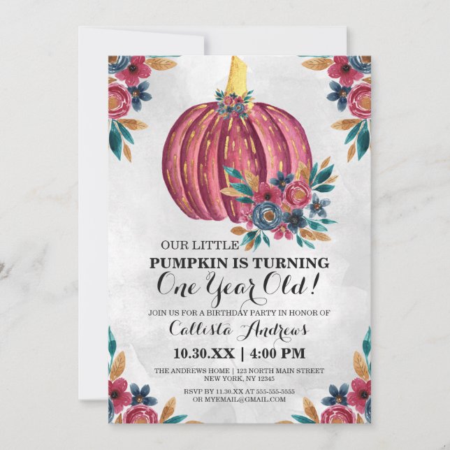 Little Pumpkin Red Floral Watercolor 1st Birthday Invitation (Front)