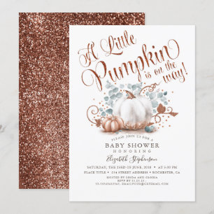 Little Pumpkin Rose Gold Glitters Fall Baby Shower Invitation