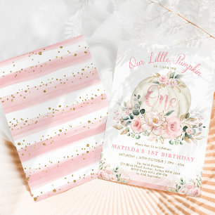 Little Pumpkin Rose Gold Pink Floral 1st Birthday Invitation