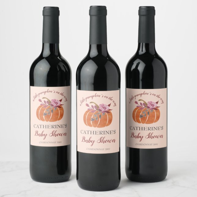 Little Pumpkin Rustic Autumn Floral Baby Shower   Wine Label (Bottles)