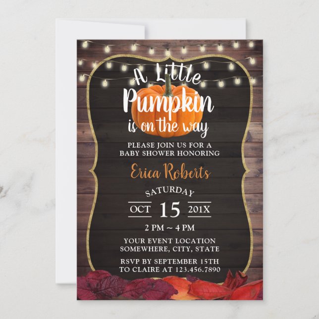 Little Pumpkin Rustic Autumn Leaves Baby Shower Invitation (Front)