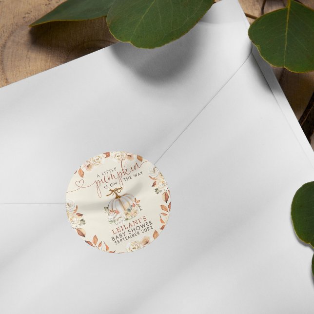 Little Pumpkin Rustic Baby Shower Classic Round Sticker (A little pumpkin fall floral rustic baby shower sticker is perfect way to celebrate the mom to be.)