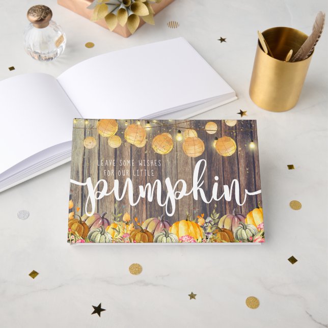 Little Pumpkin Rustic Barnwood Autumn Baby Shower Guest Book (Front Open)