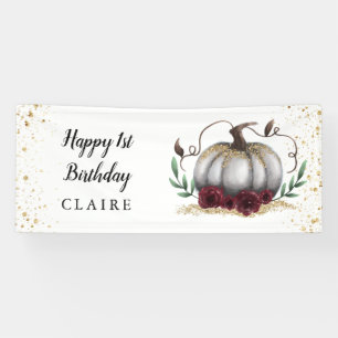 Little Pumpkin Rustic Burgundy Gold Birthday Party Banner