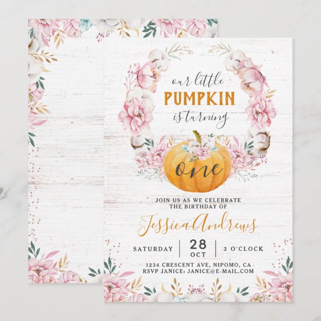 Little Pumpkin Rustic Cotton Floral First Birthday Invitation (Front/Back)